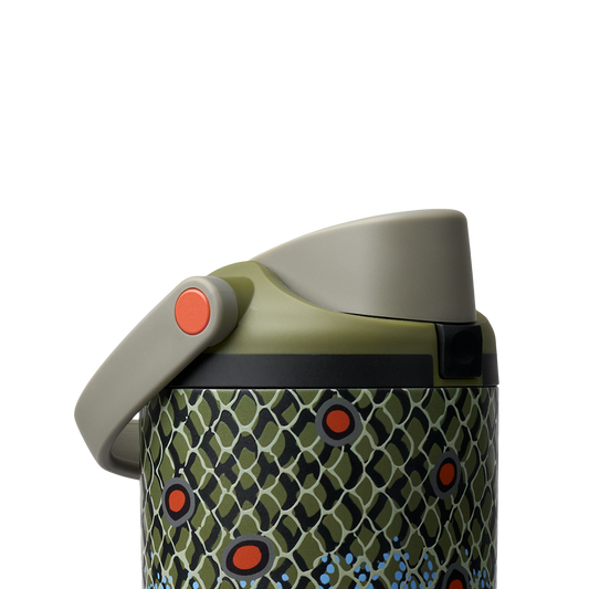 Owala FreeSip Sway 40oz in Off the Hook, lid detail showing olive flip cap, olive carry loop, and orange push-button over fish-scale patterned body