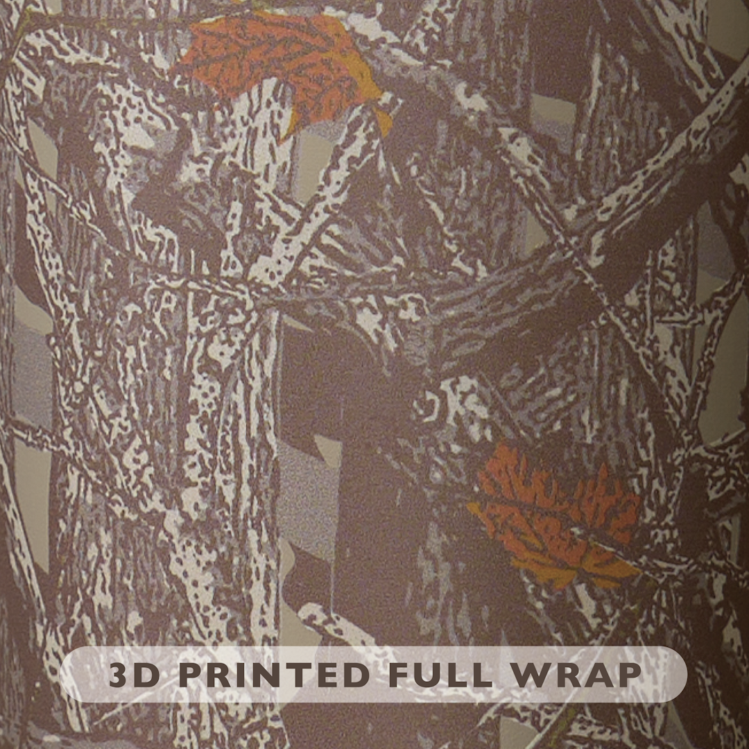 Close-up of woodland camo pattern on bottle body with brown branches, orange leaves, and tan tree bark texture, labeled 3D Printed Full Wrap